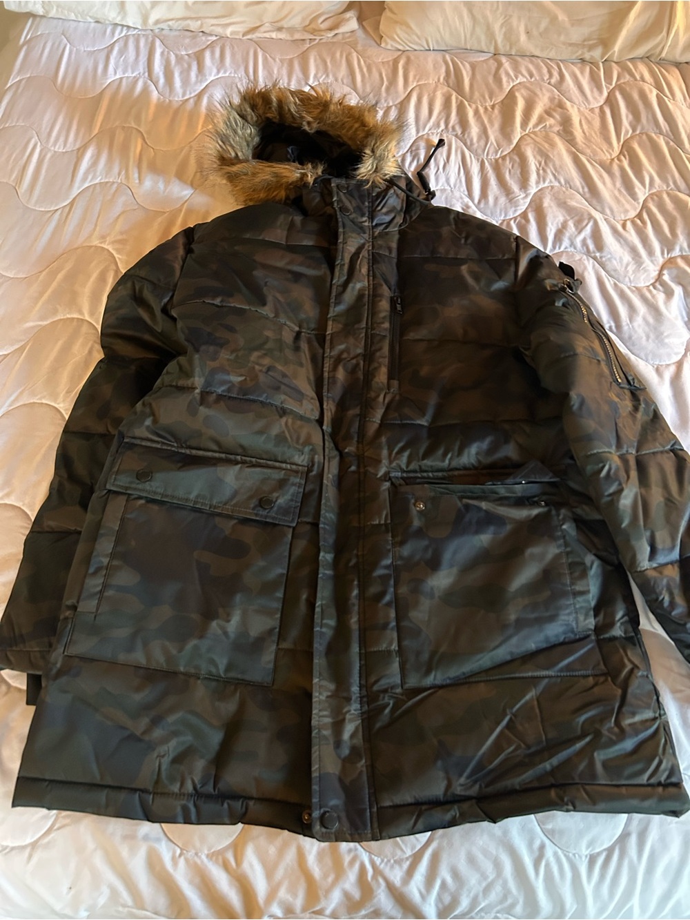 Members Only Olive Camo Hooded Parka with Faux Fur Trim